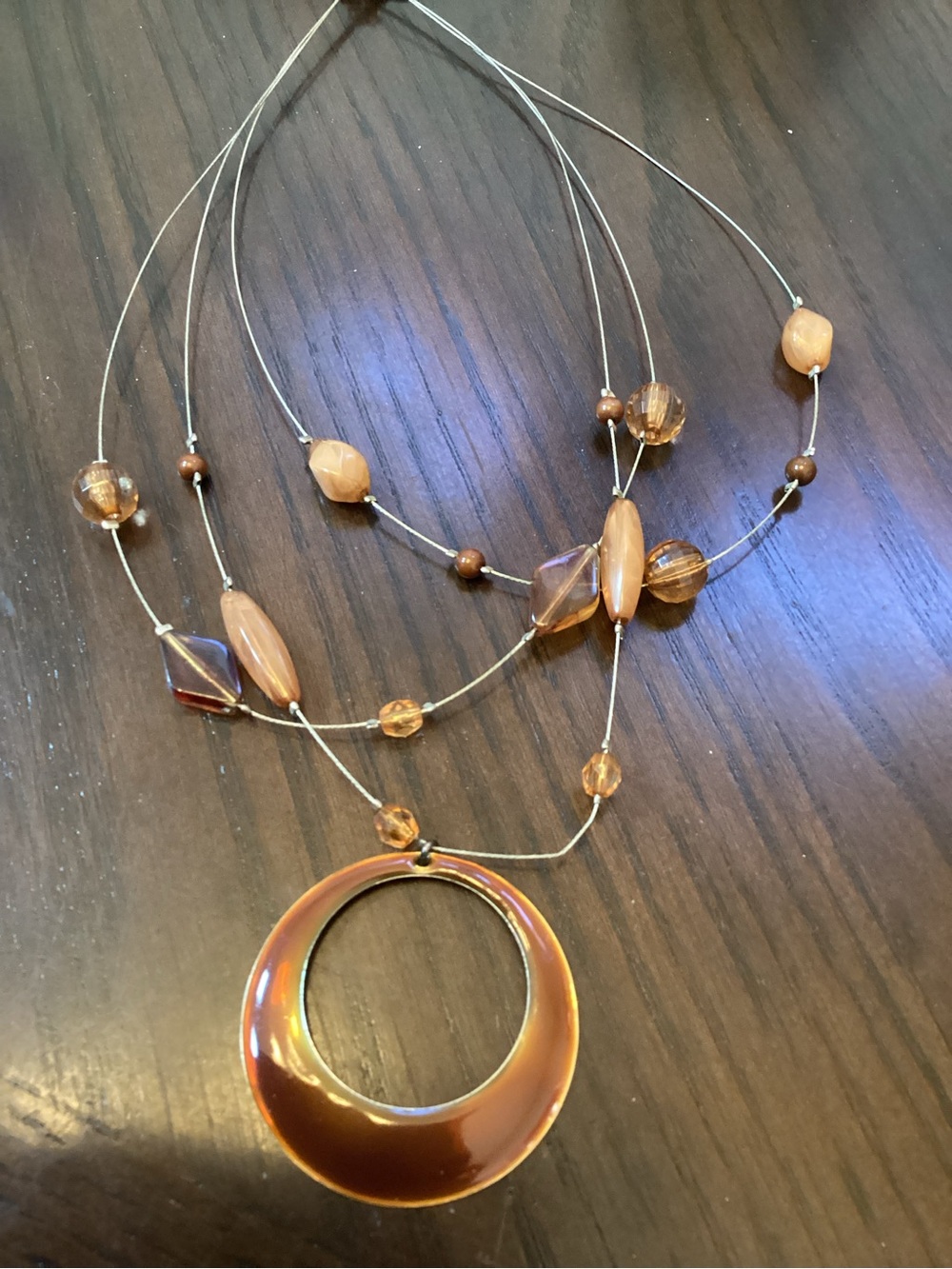 Women's Multi-Strand Brown Beaded Necklace with Circular Pendant